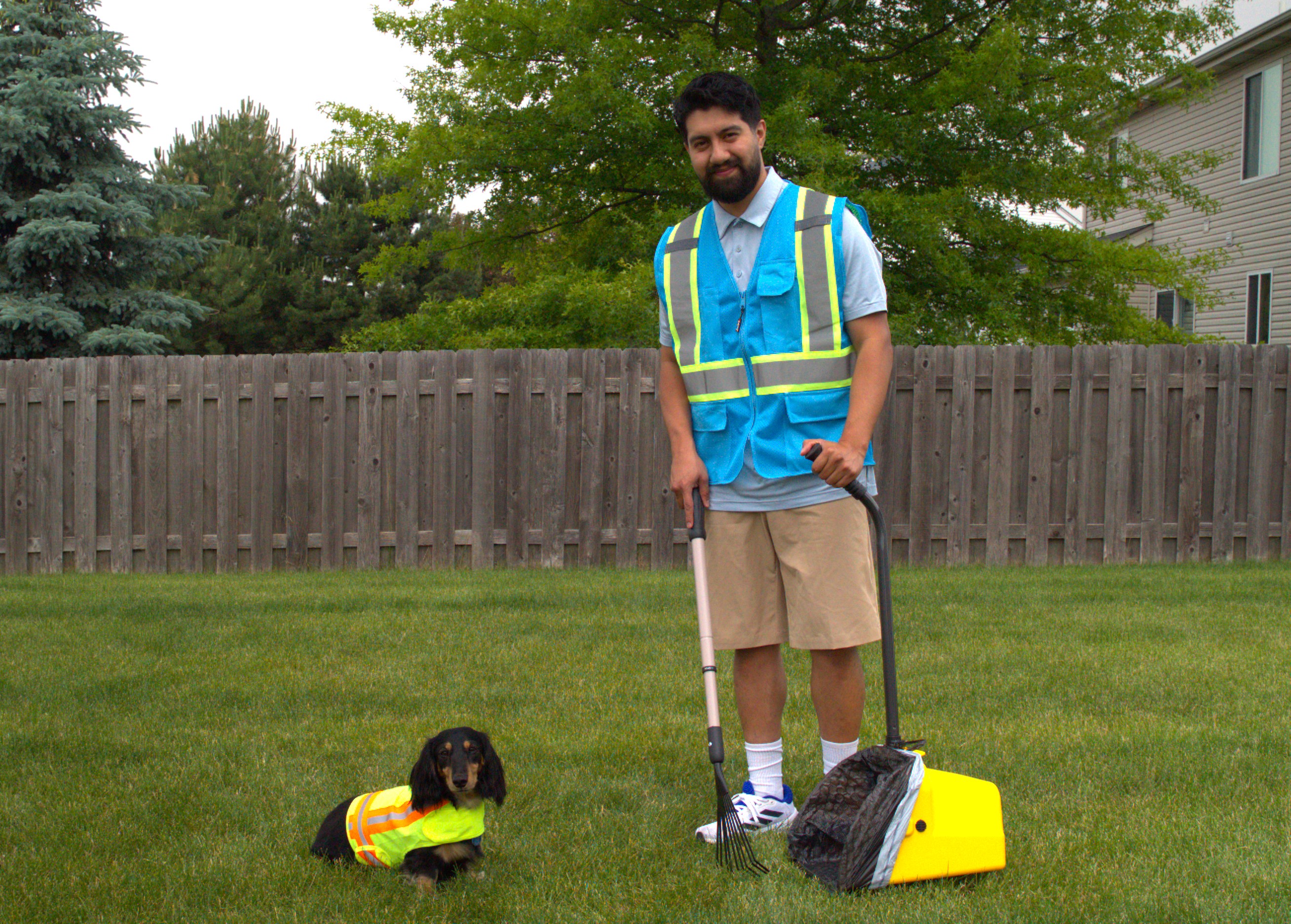 Bowie at work cleaning a yard